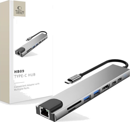 Tech-Protect 8-i-1 USB Hub med HDMI 4K, SD/TF, RJ45, 100W PD - Grå Tech-Protect 8-i-1 USB Hub med HDMI 4K, SD/TF, RJ45, 100W PD - Grå