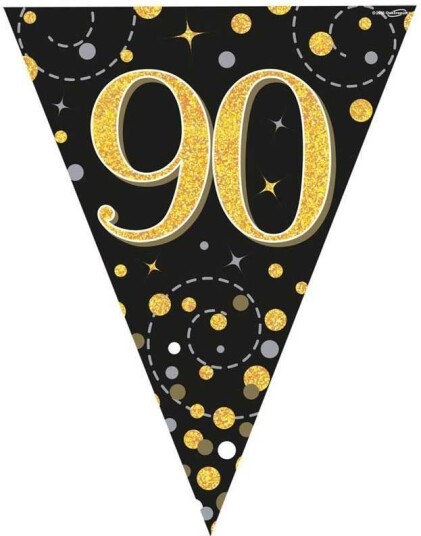 90 års Feiring Svart og Gullfarget Banner med 11 Flagg 3,9 Meter