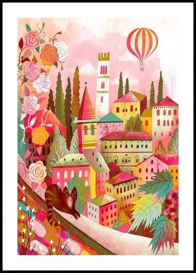 Italian Village With Cat On Wall Poster Plakat / 21x30cm