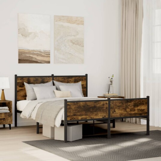 Sengeramme i metall uten madrass røkt eik 150x200 cm 3301385 Sengeramme i metall uten madrass røkt eik 150x200 cm 3301385