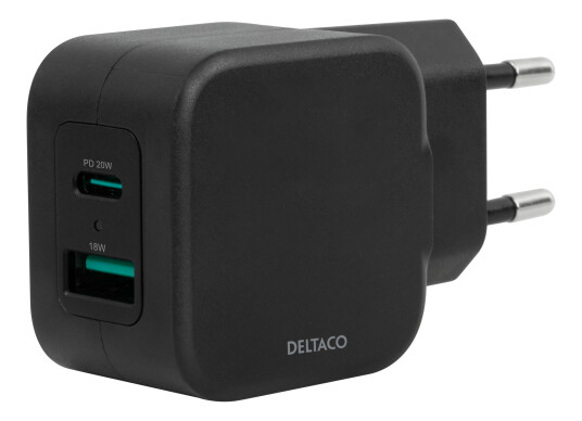 Deltaco Dual Usb Wall Charger, Usb-A & Usb-C Power Delivery 20 W, Black Deltaco Dual Usb Wall Charger, Usb-A & Usb-C Power Delivery 20 W, Black