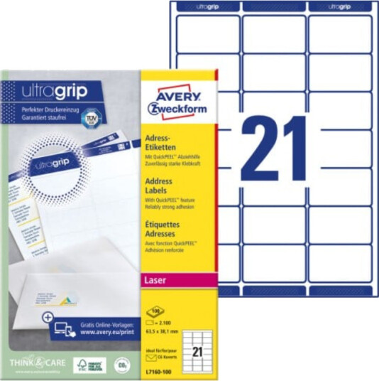 Avery-adresseetiketter med QuickPEEL™ og Ultragrip 63,5 x 38,1 mm 2100-etiketter hvit SAV-L7160-100
