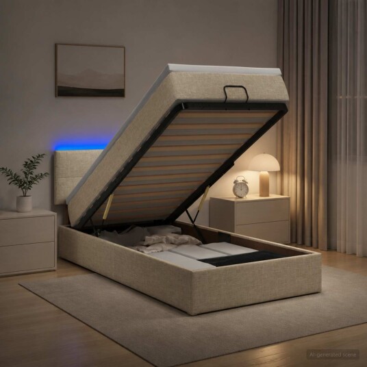 vidaXL Ottoman Seng med Madrass og LED Krem 90 x 200 cm Stoff