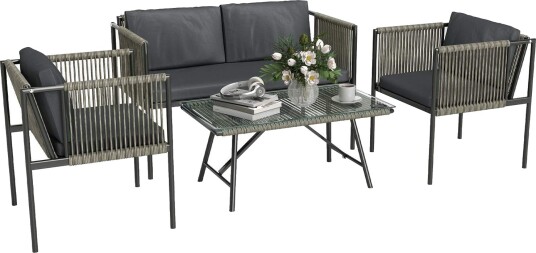 Hagemøbelsett laget av polyrattan salongsett med 2 sofastoler glass bordputer værbestandige balkongmøbler for 4 personer uteserv