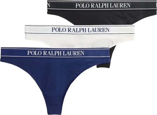Polo Ralph Lauren Intimates Logo Waistband Thong 3 Pack Set   Black   XS