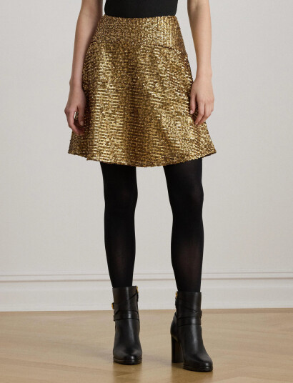 Lauren Ralph Lauren Sequined Mesh A-Line Miniskirt - Gold - 34 Lauren Ralph Lauren Sequined Mesh A-Line Miniskirt - Gold - 34