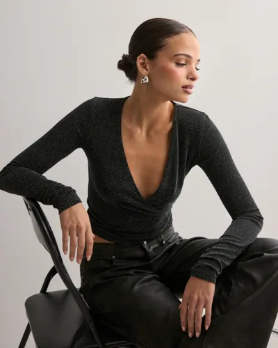 Nelly   Svart   Wrap Lurex Top