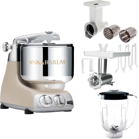 Ankarsrum Assistent Original AKM 6230 kjøkkenmaskin med kjøttkvern skjæretilbehør og blenderkanne harmony beige