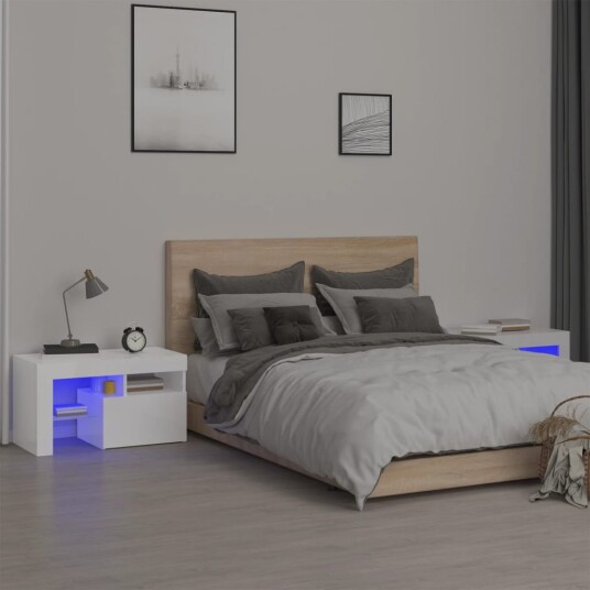 Nattbord 2 stk med LED høyglans hvit 70x36,5x40 cm 8720845649227