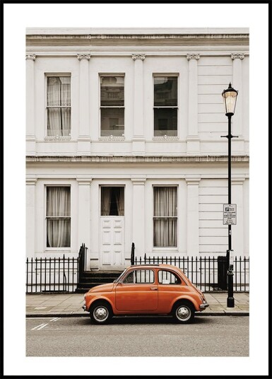 Charming Urban Scene with Orange Car Plakat Plakat / 100x150cm