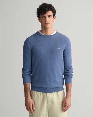 Genser med rund hals i bomullspiqué DENIM BLUE MELANGE M Genser med rund hals i bomullspiqué DENIM BLUE MELANGE M