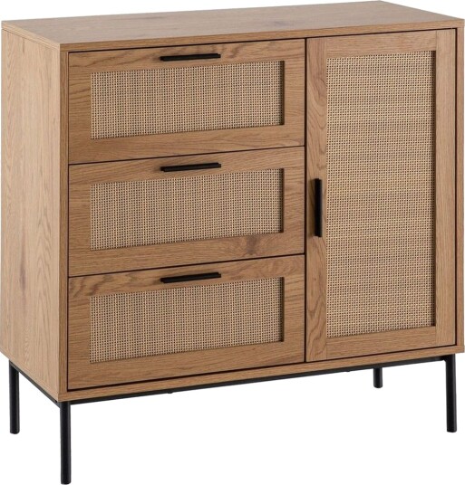 Skjenk Wohnling Melaminbelagt MDF Eik Optikk 3 Skuffer 1 Dør med Rattan Front Moderne -