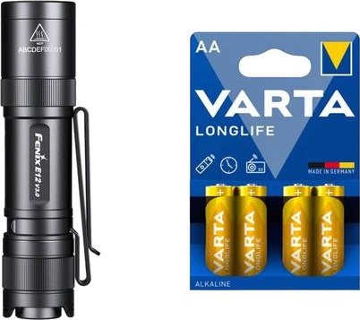 Fenix Lommelykt E12 V3.0 200 lm/82 mm/1 x AA E12 V3.0 + 4 stk. Varta Long Life AA-batterier