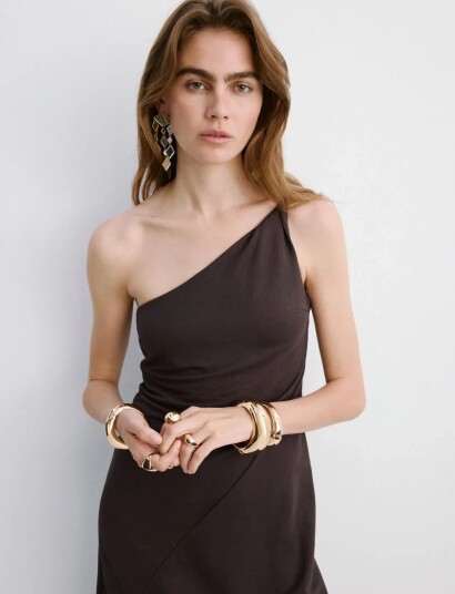 Mango Asymmetrical Dress With Gathered Strap Brown XL Mango Asymmetrical Dress With Gathered Strap Brown XL