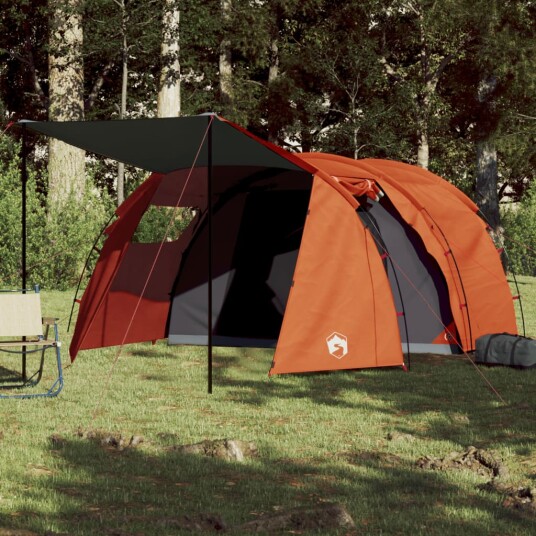 Tunneltelt for camping 4 personer grå og oransje vanntett