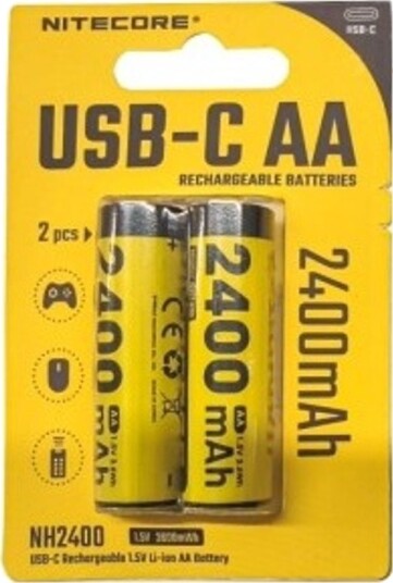Nitecore NH2400 Li-ion 2400mah oppladbart AA-batteri med USB-C - 2-pakning Nitecore NH2400 Li-ion 2400mah oppladbart AA-batteri med USB-C - 2-pakning