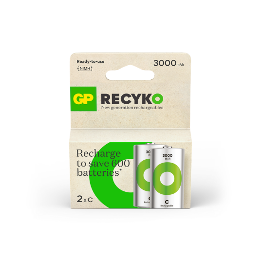GP ReCyko 3000mAh Oppladbare C-batterier 2-pakning