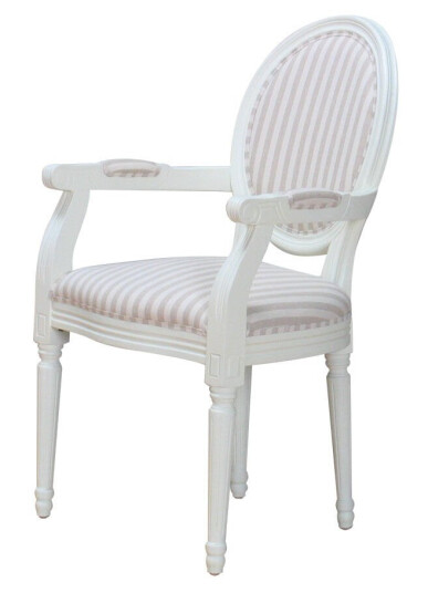 Rokokko/Amaretta spisestol med armlener i antikk hvit med beige stripet stoff.