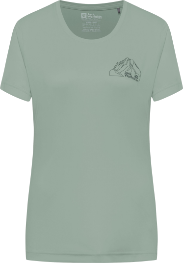 Jack Wolfskin Women"s Peak Graphic T New Mountain Green Zinnia L Jack Wolfskin Women"s Peak Graphic T New Mountain Green Zinnia L