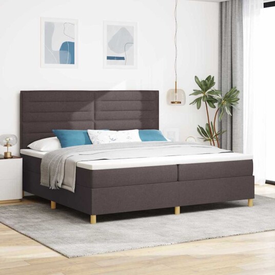 Boksen Spring Seng med Madrass & LED Mørk Brun 200x200 cm Stoff