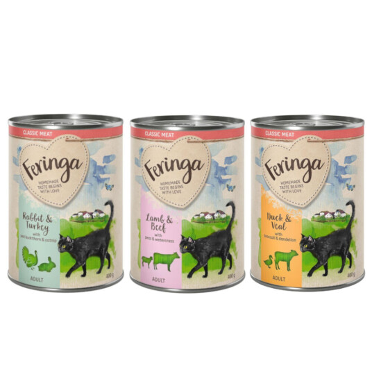 Feringa Økonomipakke  Classic Meat Meny 24 x 400 g til sparepris! - Mixpakke 2: Kanin & Kalkun, And & Kalv, Lam & storfe