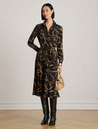Lauren Ralph Lauren Belting Print Pleated Crepe Shirtdress Black 34