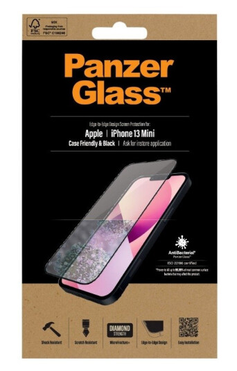PanzerGlass iPhone 13 Mini Edge-to-Edge AntiBakteriell Skjermbeskytter - Svart Kant - Case-Friendly