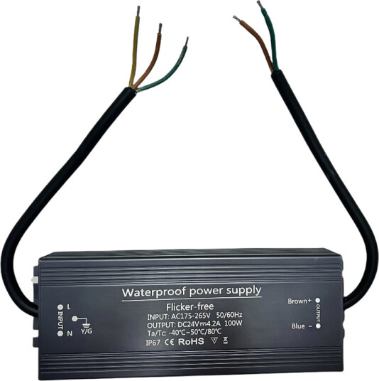 100W / 24V DC strømforsyning   4.1A IP67 Flicker free