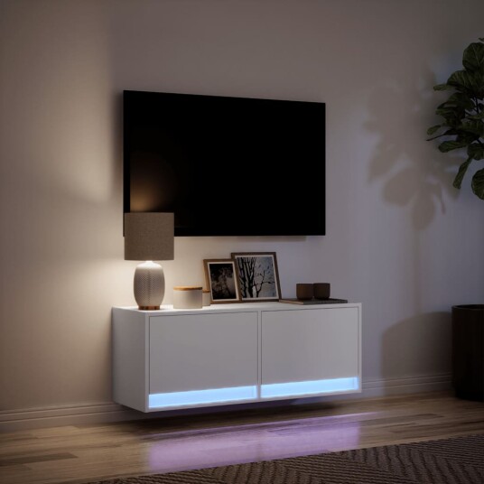 Vegghengt TV-benk med LED hvit 100x31x35 cm 852362