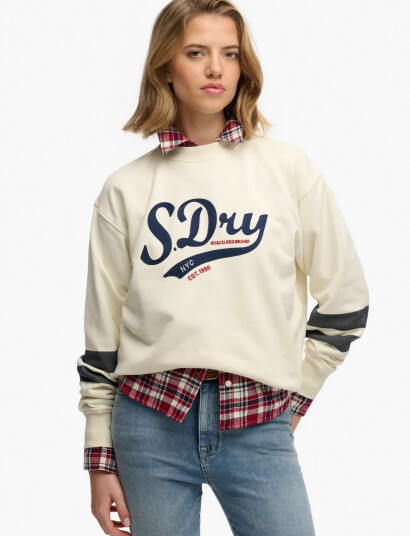 Superdry Varsity Script Loose Crew   Cream   14