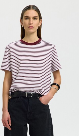 Selected Slwessential Ss Striped Boxy Tee Noos Burgundy S