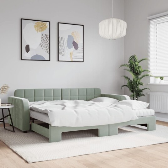  Uttrekkbar dagseng med madrass lysegrå 90x190 cm fløyel