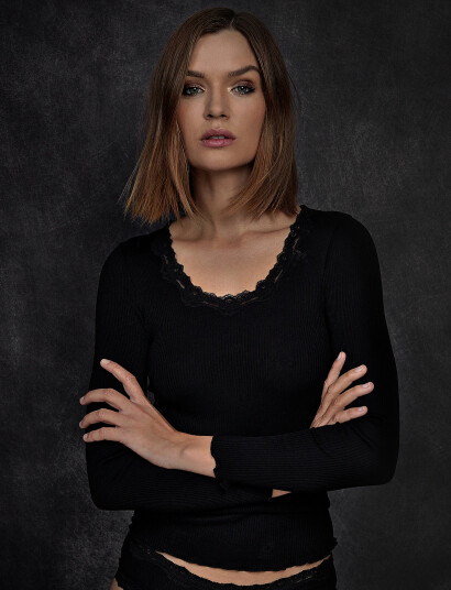Rosemunde Rwbabette Silk Ls U-Neck Lace T-Shi - Black - XS