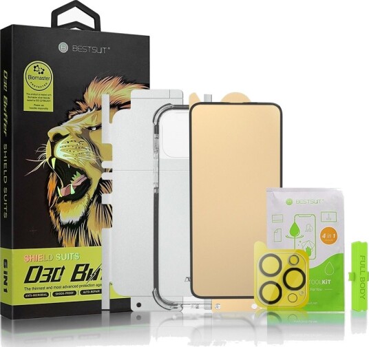 Bestsuit 6in1 sett for iPhone 13 mini: etui, herdet glass, film, kameraobjektiv, kluter, aplikator