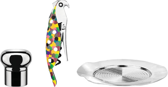 Alessi Set Corkscrew "Parrot” The "Noè" Champagne Cork With Expanding Seal  And "Sitges" Bottle Coaster   Silver   ONE SIZE