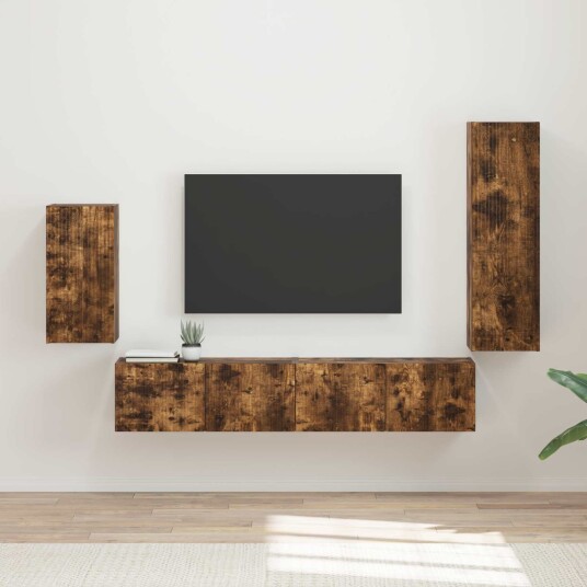 TV benksett Veggmontert 4 pcs Røkt eik Konstruert tre TV benksett Veggmontert 4 pcs Røkt eik Konstruert tre