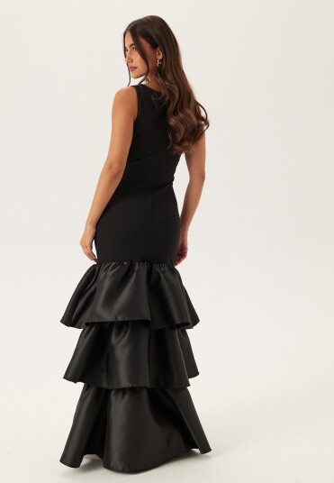 Goddiva Satin Frill Maxi Dress Goddiva Satin Frill Maxi Dress
