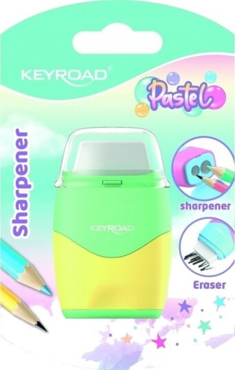 Keyroad Dobbel Blyantspisser I Plast Med Viskelær Keyroad Pastell, Blister, Blandede Farger