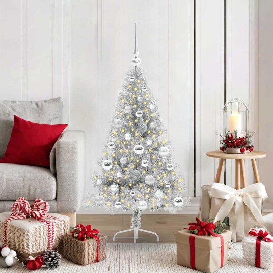 Kunstig Forhåndsopplyst Juletre med 150 LED sølv 120 cm PET