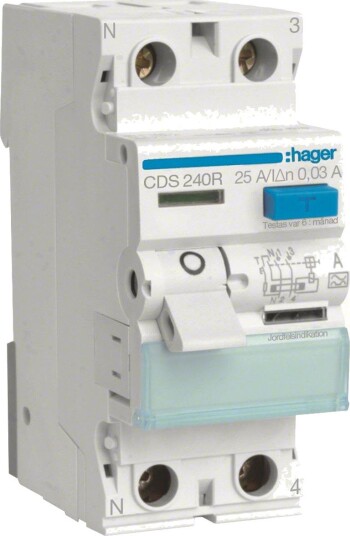 Hager CDS240R Jordfeilbryter 2-polet, 30 mA, A 40A, Stikkontakter & kabler