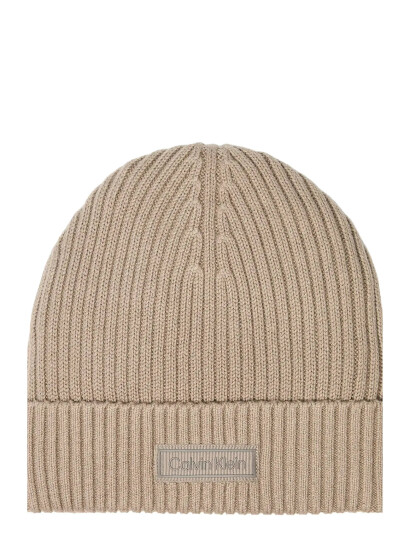 Calvin Klein Patch Chunky Rib Cotton Beanie - Beige - ONE SIZE Calvin Klein Patch Chunky Rib Cotton Beanie - Beige - ONE SIZE