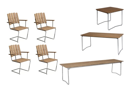 Grythyttan Stålmöbler B31 spisegruppe Teak/galvanisert stål 4 lenestoler, benk 170 cm, bord 84 x 92 cm & bord 190 x 92 cm