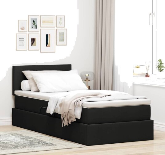 Seng med lagring og madrass Svart 90 x 200 cm Konstruert tre