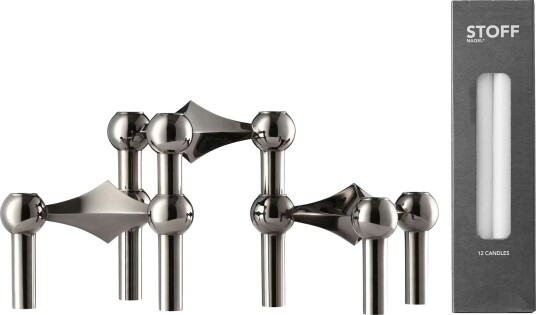 Nagel Lysestake 3-pk + 12 Stearinlys, Sort Krom
