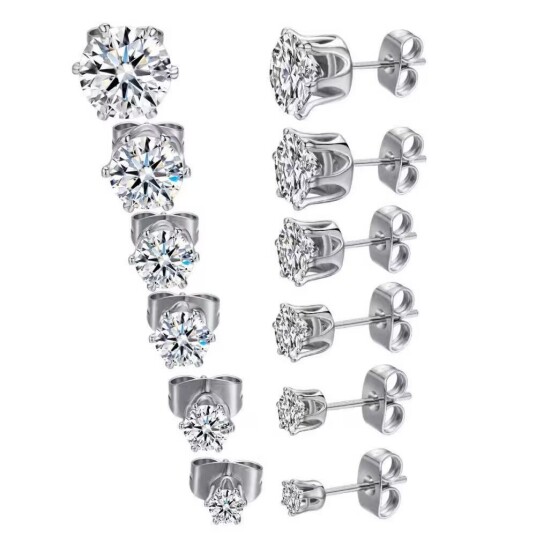 6 par Zircon Allsidig Hypoallergenic Stud øredobber sett Sølv