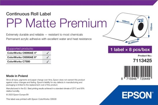 Epson Premium Polypropylen Pp Matt Permanent Akryl Adhesiv Rull 10,2 Cm X 55 M 8 RullEr Sammenhengende Etikettpapir