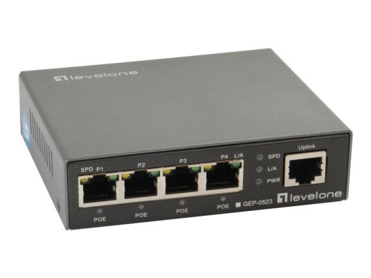 Levelone Gep-0523 - Switch - 4 X 10/100/1000 (Poe+) + 1 X 10/100/1000 (Opplink) - Stasjonær - Poe+ (60 W)