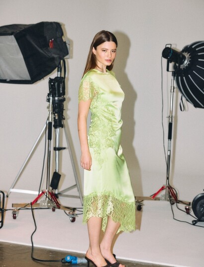 NOISY MAY Nmwren S/S Satin Lace Long Dress Green M NOISY MAY Nmwren S/S Satin Lace Long Dress Green M