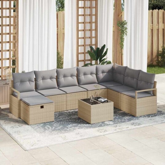 Hagesofa Set med pute 9 pcs beige og lysegrå 287 x 177 x 85 cm