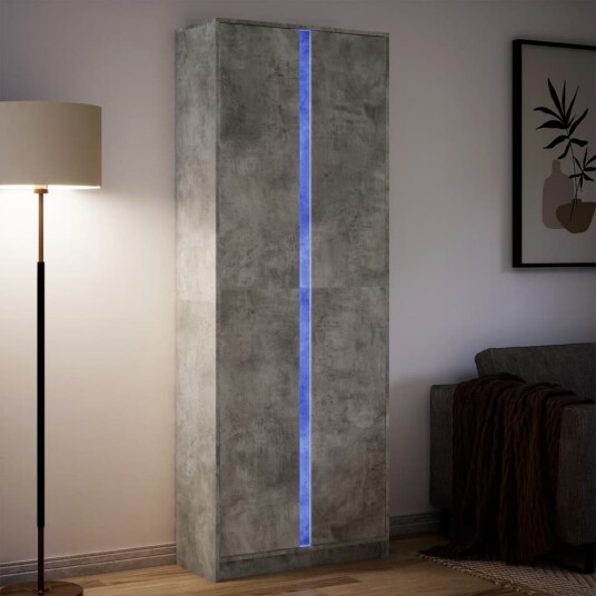 Garderobe med LED betonggrå 74x32,5x200 cm konstruert tre